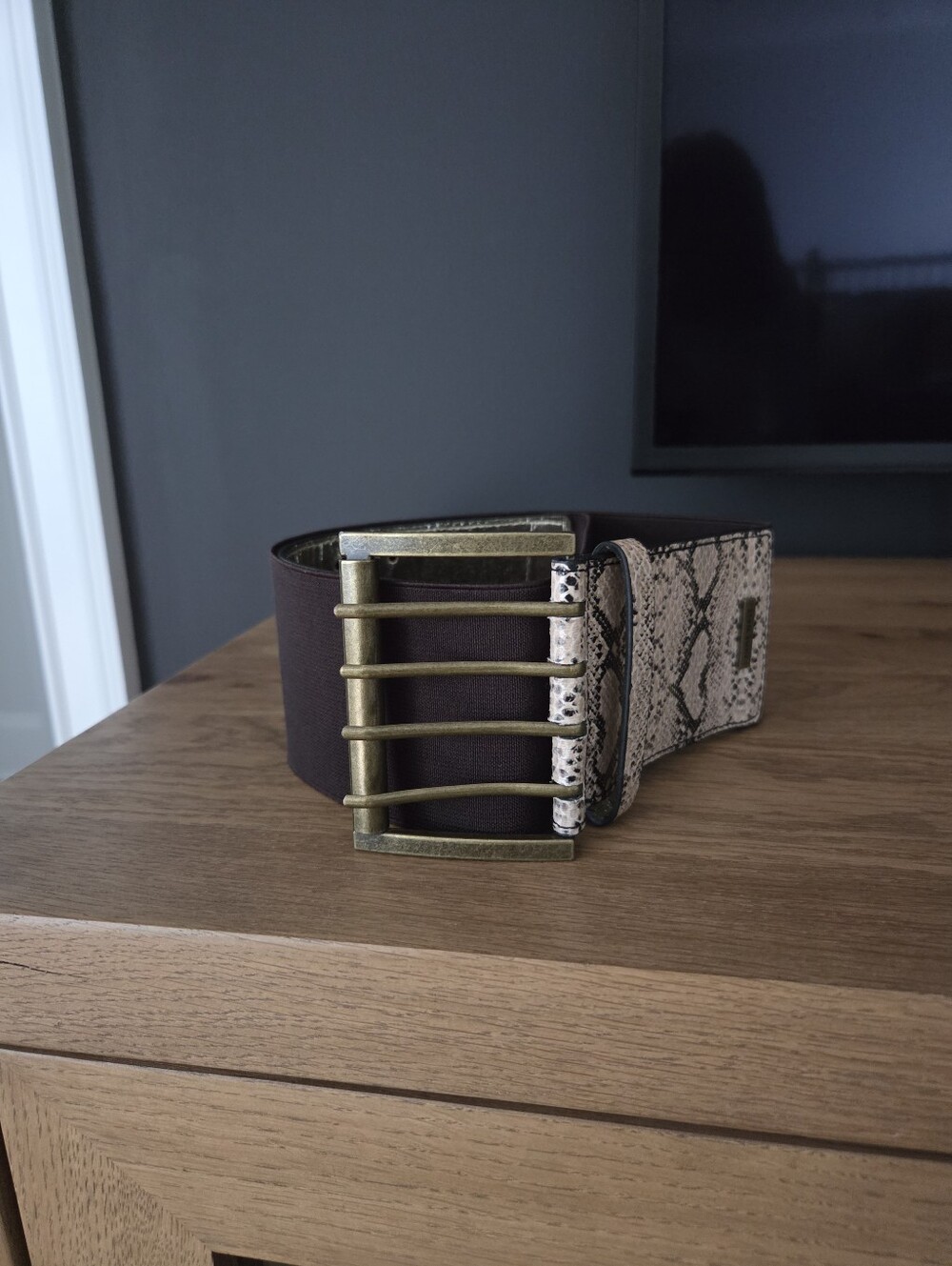 Nine West Dark Brown And Print Wide Elasticized Cinch Belt